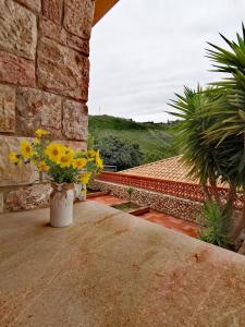 a vase filled with yellow flowers sitting on a patio at Villa Verde in Cefalù