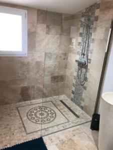 a shower with a glass door in a bathroom at Le Cottage de Romas in Villeneuve-sur-Lot