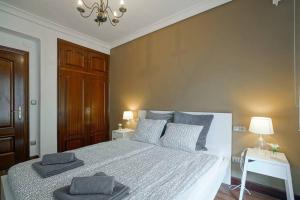 1 dormitorio con 1 cama grande y 2 almohadas en AMPLIO APARTAMENTO en GROS con PARKING PRIVADO, en San Sebastián