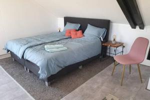 1 dormitorio con 1 cama y 1 silla rosa en Vrijstaand / landelijk appartement met uitzicht!, en De Wijk