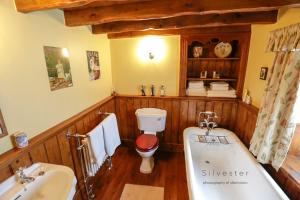 a bathroom with a tub and a toilet and a sink at Ballavere Cottage B&B in Colby
