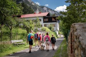 um grupo de pessoas andando por uma estrada com um cão em Berghof Seiser Toni em Oberhöflein
