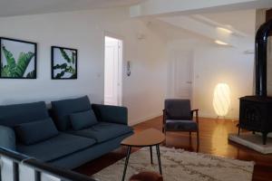 a living room with a blue couch and a chair at Duplex precioso con jacuzzi, sauna y chimenea . in Ochandiano