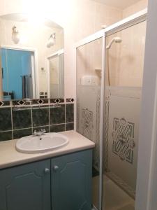 a bathroom with a sink and a shower at Harbourside House Glengarriff in Glengarriff