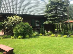 een huis met een tuin met een bank in het gras bij DOM Z BALI Villa Bajkowy Dom in Dźwierzuty