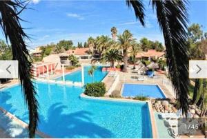 a pool at a resort with two pools and palm trees at T3 duplex malibu village pass piscine en supplément 2 a 8 personnes in Canet-en-Roussillon