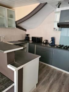 a kitchen with green cabinets and a white counter top at Appartement soleil in Vrécourt