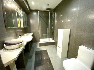 a bathroom with a toilet and a sink and a shower at Apartament Monroe in Ustrzyki Dolne