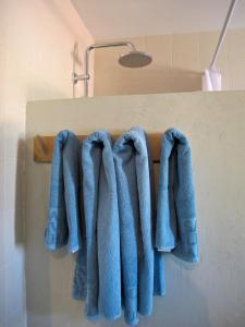 eine Reihe blauer Handtücher hängt an der Wand in der Unterkunft les Lauriers in Caromb