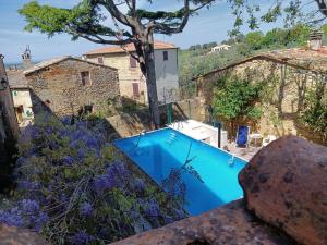 ein blauer Swimmingpool in einem Hof mit Gebäuden in der Unterkunft Locanda Etrusca in Bibbona