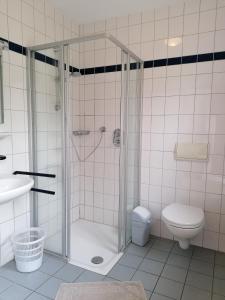 ein Bad mit einer Dusche und einem WC in der Unterkunft Waldjugendherberge Uelsen in Uelsen