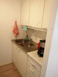 a small kitchen with a sink and a stove at majoitus in Alavieska