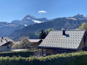 a house with a roof with mountains in the background at La Troïka in Notre-Dame-de-Bellecombe