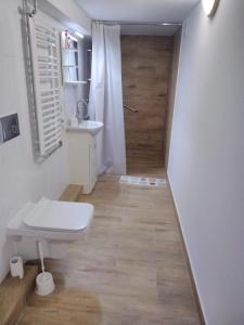 La salle de bains est pourvue de toilettes, d'un lavabo et d'une douche. dans l'établissement Rustykalny Apartament, à Siemiatycze