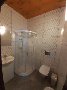 uma casa de banho com um chuveiro, um WC e um lavatório. em Apartamenty Róża Wiatrów em Solec-Zdrój