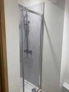 a shower with a glass door in a bathroom at Brick Kiln Farm in Banningham