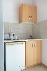 a kitchen with wooden cabinets and a white dishwasher at Zante Apts in Laganas