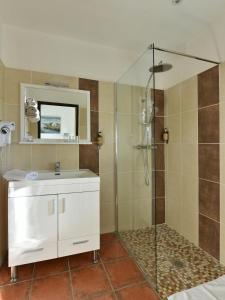 a bathroom with a sink and a shower at Mas de la Grenouillère Hôtel et Centre équestre en pleine nature in Saintes-Maries-de-la-Mer