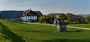 ein Haus in der Mitte eines Feldes mit einem Gebäude in der Unterkunft Vorderreithbauer in Hof bei Salzburg