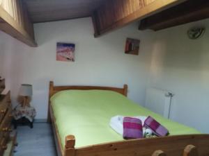 een slaapkamer met een groen bed in een kamer bij abri/cotier in Châtelaillon-Plage
