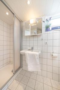 a bathroom with a sink and a shower at Designapartment Vitibuck in Waldshut-Tiengen