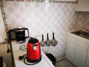 un aparato rojo en una encimera en una cocina en Les Thermes de Vernet-les-bains en Vernet-les-Bains