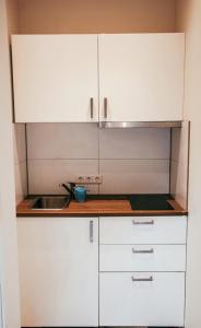 a kitchen with white cabinets and a sink at BenB de Buutnboer in Rouveen