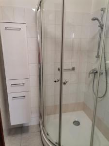 eine Dusche mit Glastür im Bad in der Unterkunft Aida apartman in Harkány