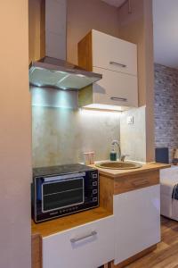 a kitchen with a microwave and a sink at Melina's Studios in Argalasti