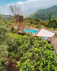 uma vista superior de uma piscina num jardim em Panoramic View em ‘Isfiyā