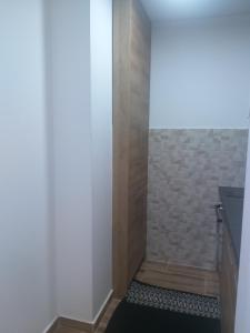 a bathroom with a walk in shower next to a wall at Апартман Андреј in Banja Koviljača