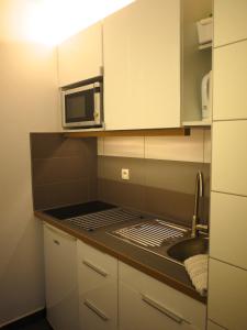 een kleine keuken met een wastafel en een magnetron bij Zentral Studio in Gif-sur-Yvette