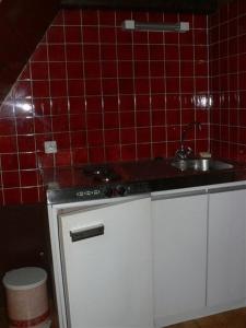 a kitchen with a sink and red tiled wall at Residence 3 Chateaux in Ribeauvillé