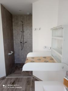 baño con ducha y cama. en gîte la bêcyclette de la baie de Somme, en Mons-Boubert