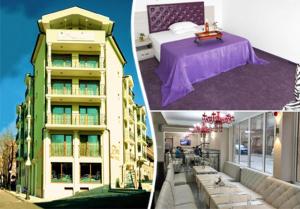 two pictures of a building with a table in front of it at Hotel Zeus in Pomorie