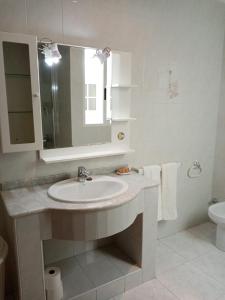 ein Badezimmer mit einem Waschbecken, einem Spiegel und einem WC in der Unterkunft Apartamento A Canteira in O Grove
