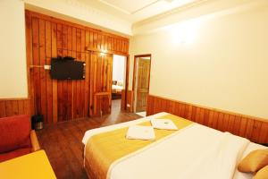 a hotel room with a bed and a television at Hotel Snow View Manali in Manāli