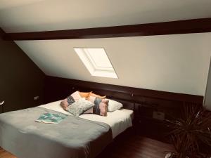 um quarto com uma cama e uma clarabóia em B&B Pont em Wessem