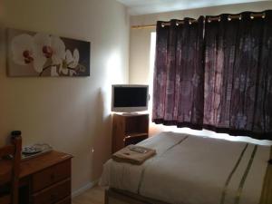 1 dormitorio con 1 cama, TV y cortinas en Room in Guest room - Double Room private shower room deg-yr, en Hayes