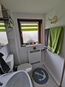 a bathroom with a toilet and a sink and a window at Bungalow bei Warnemünde in Elmenhorst