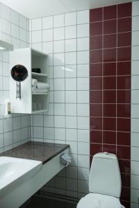 La salle de bains est pourvue de toilettes et d'un lavabo. dans l'établissement Hotel Toftagården, à Tofta