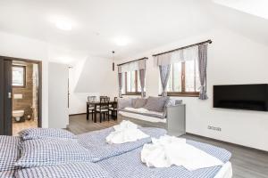 een woonkamer met 2 bedden en een bank bij Apartmány Nová Salaš in Pec pod Sněžkou