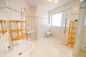 un bagno con lavandino, doccia e WC di Penthouse in the heart of Zell am See a Zell am See