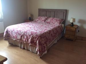 a bedroom with a large bed and a night stand at Ardaobhainn in Letterkenny