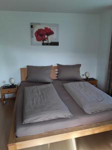 una cama con dos almohadas encima en Ferienwohnung Bodensee Fisch, en Meersburg