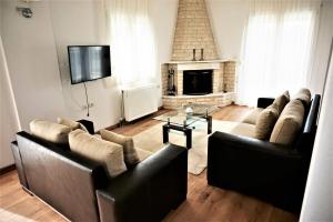 a living room with two couches and a fireplace at Katerinas House in Nikiti