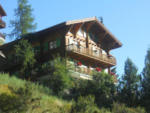 una grande casa in legno con balcone su una collina di Chalet Kolibri a Zermatt