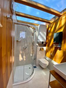 a bathroom with a shower and a toilet at LA RÉSERVE DE L'AUBE - Hébergements insolites Luxe et Design in Villenauxe-la-Grande