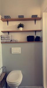 a bathroom with a white toilet and wooden shelves at BergOne in Ytri-Njarðvík