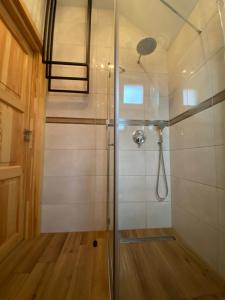 a shower with a glass door in a bathroom at Mazurski Domek in Mikołajki +21 photos